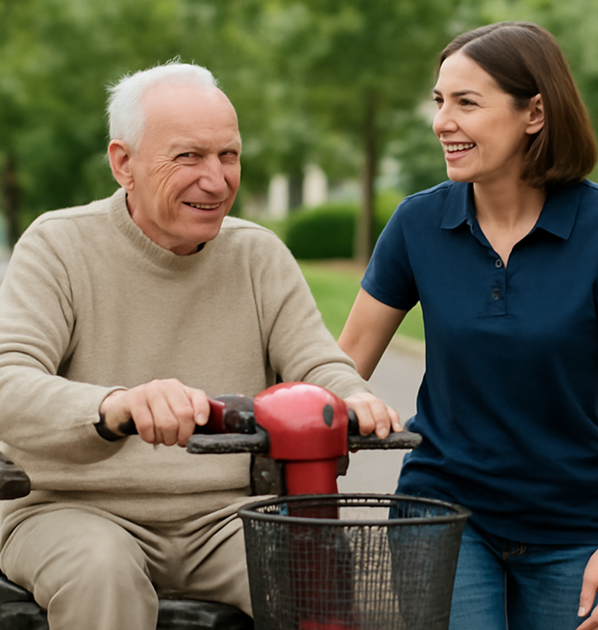 Ergotherapeut begeleidt man op scootmobiel